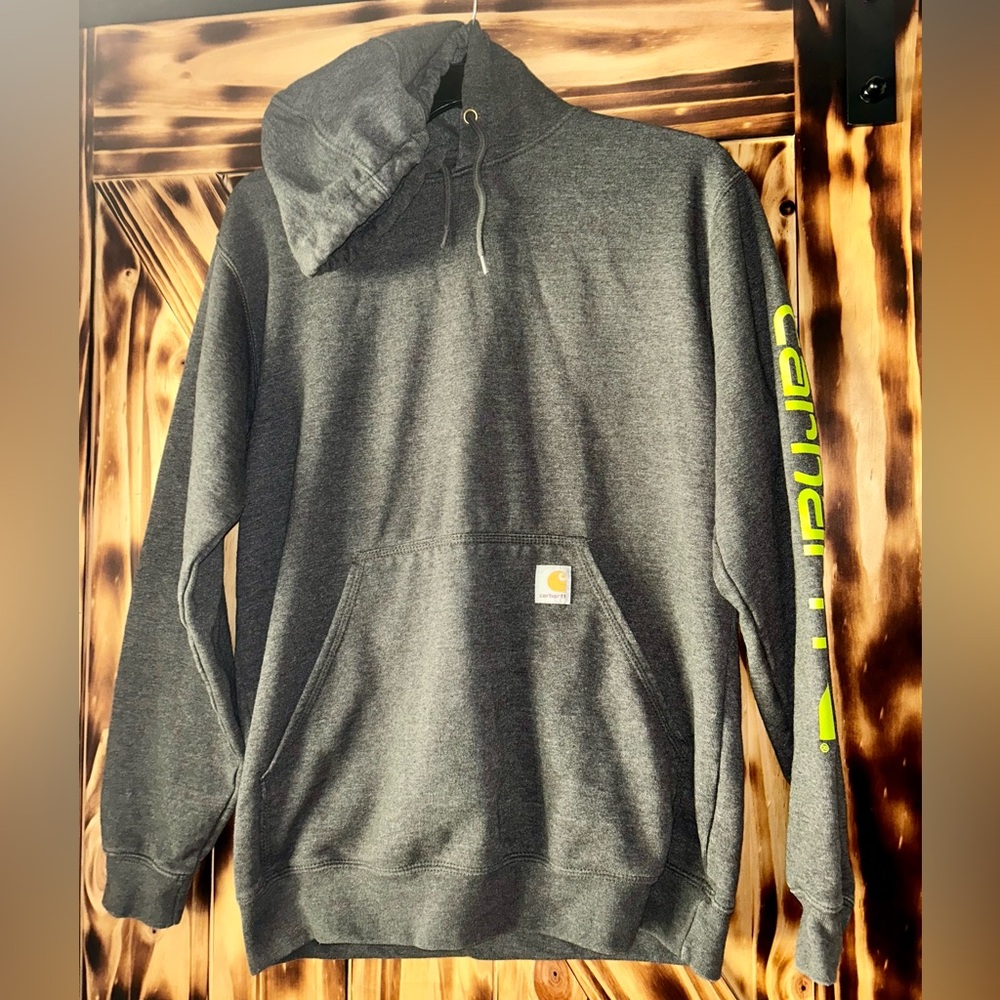Carhartt Charcoal Hoodie with Neon Yellow Sleeve Logo